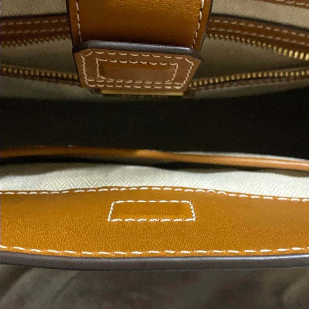 Tory Burch Brown Leather Trim Floral Tote with Yellow, White & Black Accents